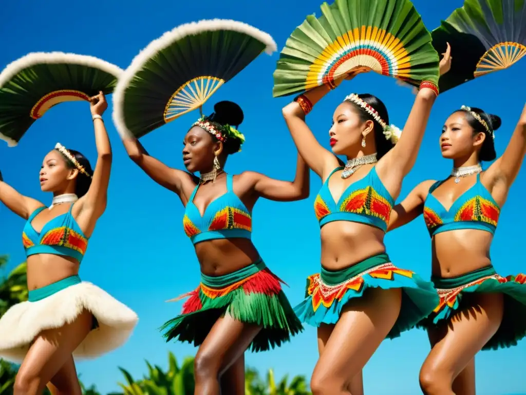 Grupo de bailarines oceanícos con trajes vibrantes y significado cultural de danzas tradicionales en la imagen