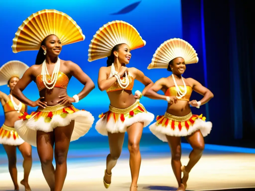 Un grupo de bailarines oceánicos con trajes tradicionales adornados con conchas y perlas, ejecutando una danza llena de gracia y pasión