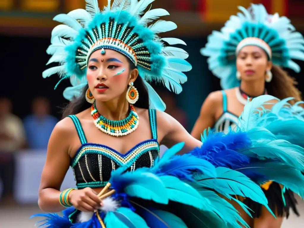 Grupo de bailarines oceánicos en trajes tradicionales de plumas y abalorios, interpretando una danza que relata la historia de su pueblo