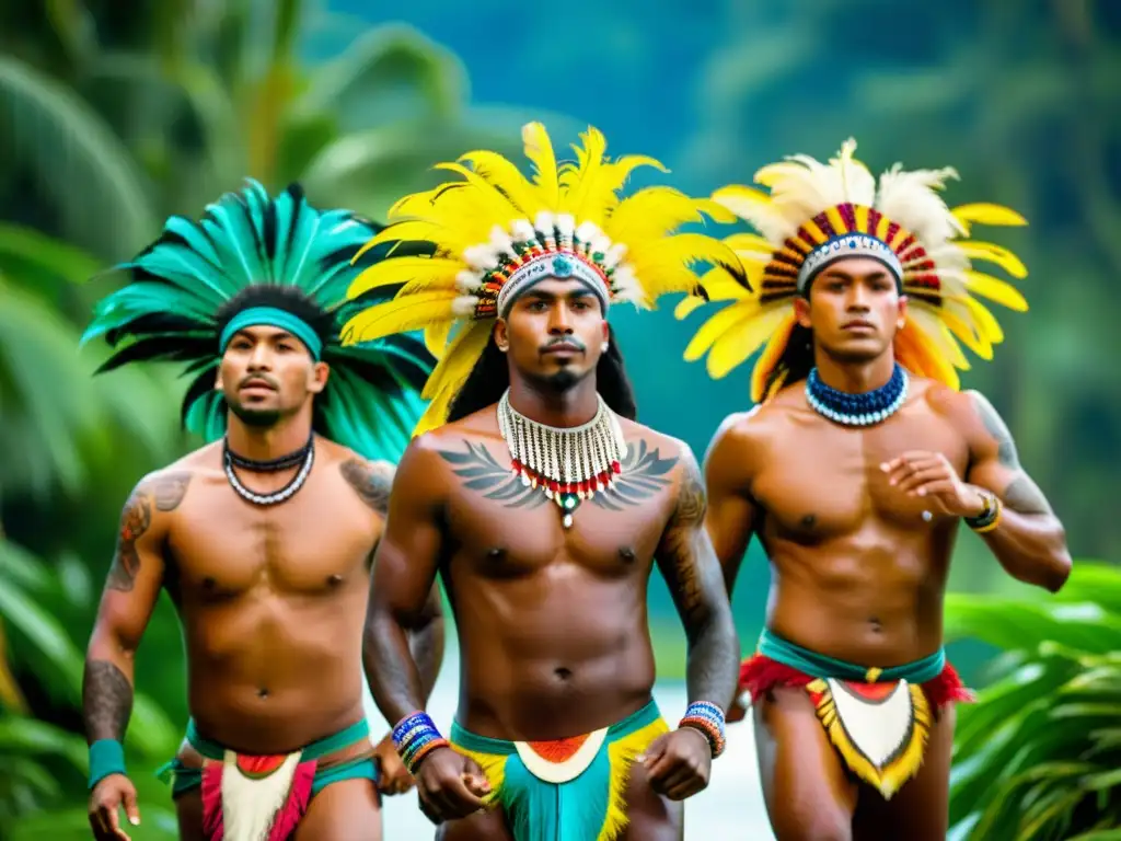 Grupo de bailarines oceánicos en trajes tradicionales, con tatuajes y plumas