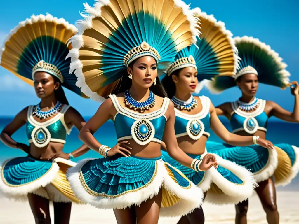 Un grupo de bailarines oceánicos con vestimenta tradicional de conchas danza con gracia y orgullo, reflejando la conexión con el mar