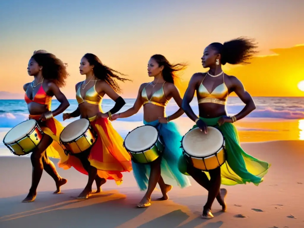 Un grupo de bailarines oceánicos en vibrante danza al ritmo de la percusión, bajo la cálida luz del atardecer