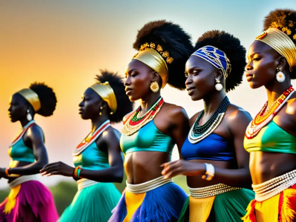 Grupo de bailarines del Oeste de África con accesorios vibrantes y movimientos enérgicos, expresando el significado cultural de sus adornos en la danza al atardecer