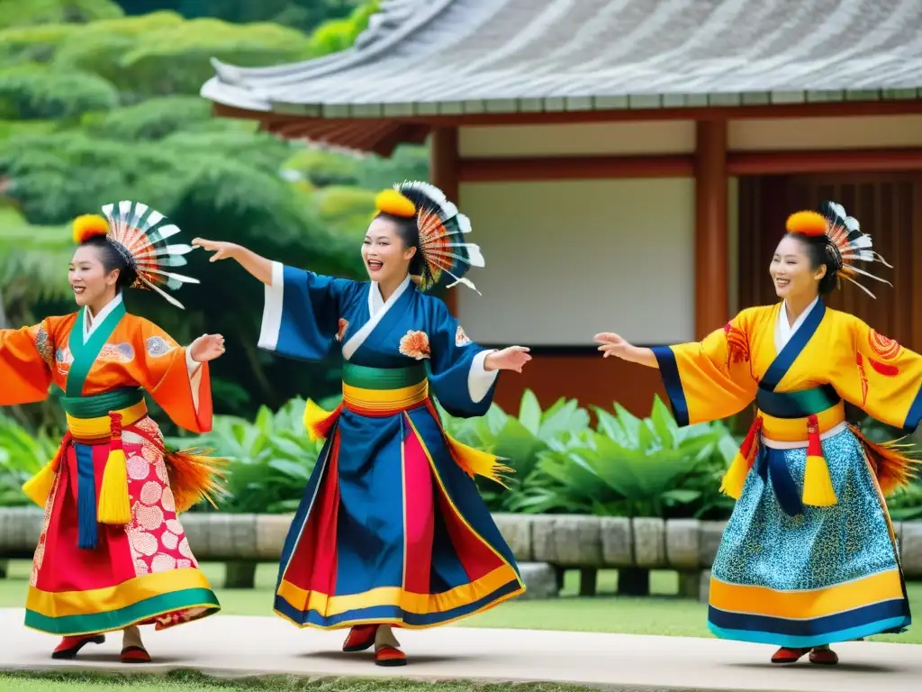 Grupo de bailarines okinawenses danzando el pez león, envueltos en trajes tradicionales vibrantes