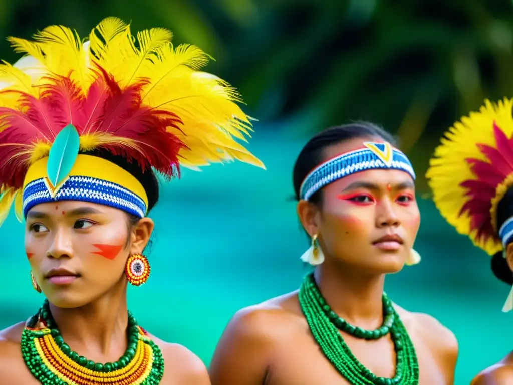 Grupo de bailarines Palauanos ejecutando la Danza tradicional Tellei de Palau, ataviados con coloridos trajes y expresiones de orgullo