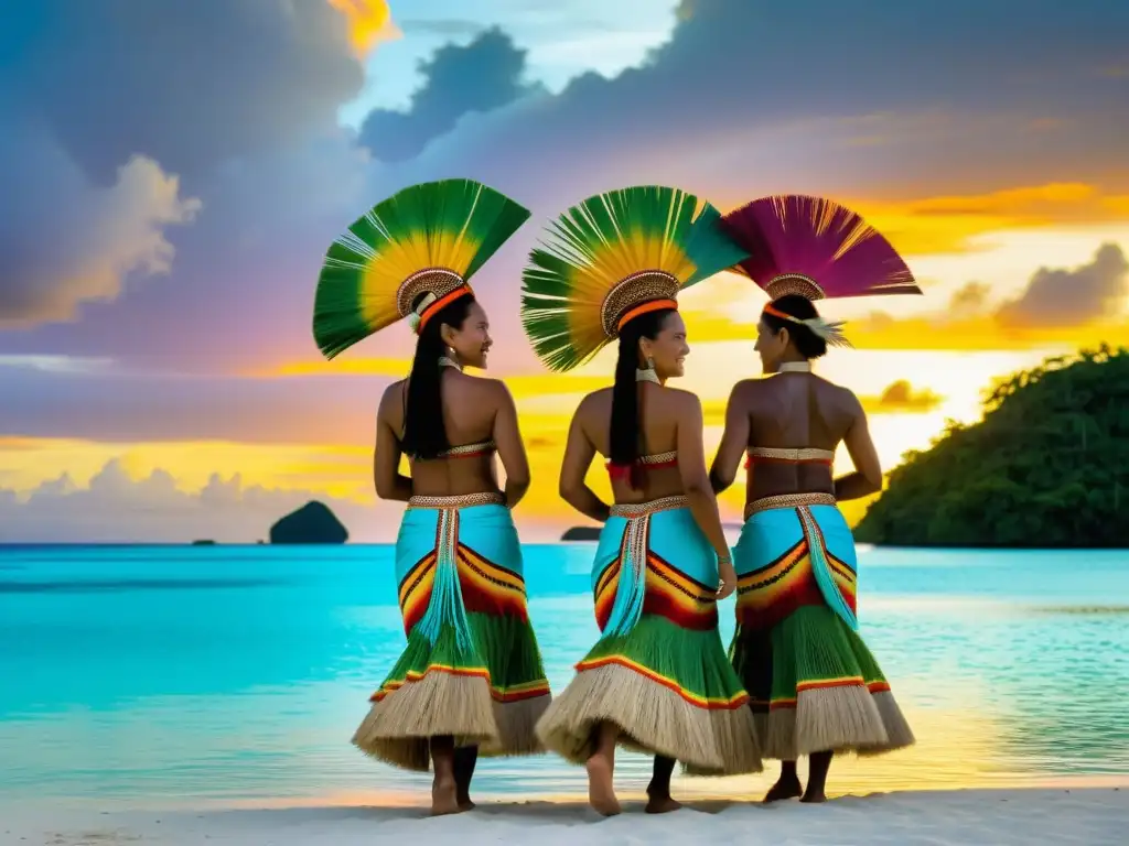 Grupo de bailarines palauanos en trajes tradicionales moviéndose con gracia al atardecer sobre aguas turquesas