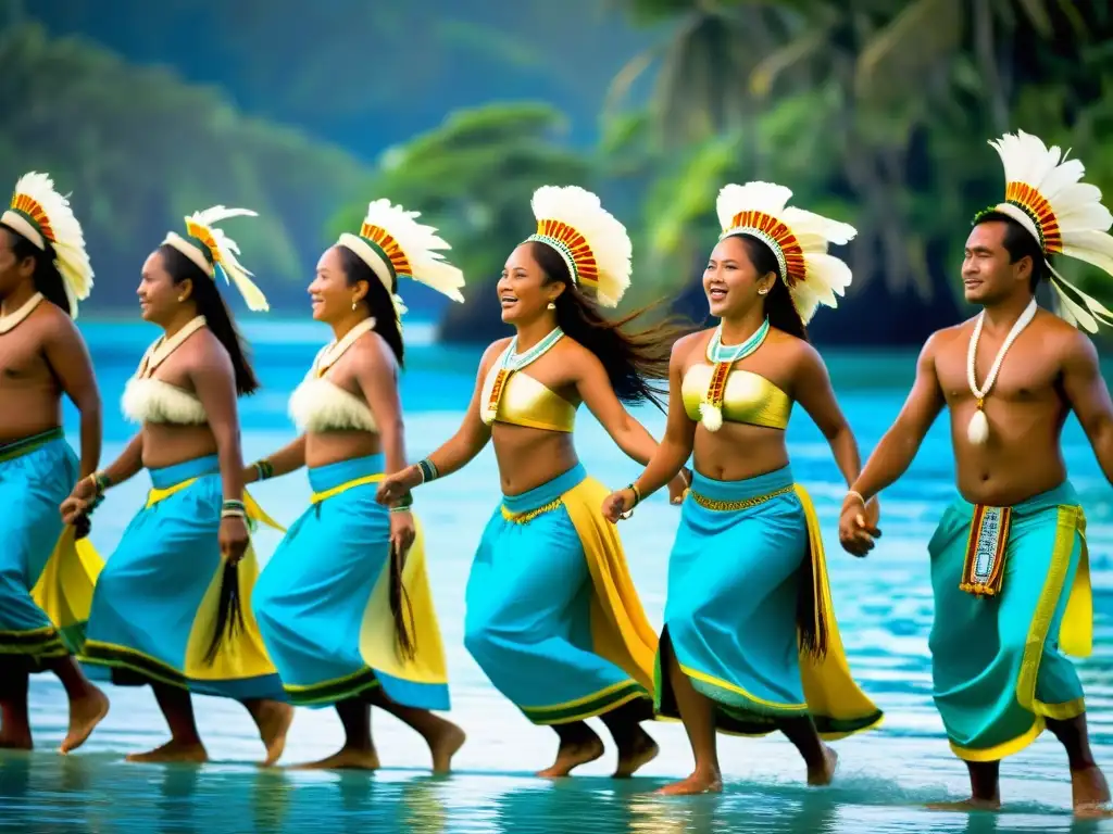 Grupo de bailarines palauanos con trajes tradicionales bailando al ritmo de la música palauana, rodeados de exuberante naturaleza y el océano Pacífico