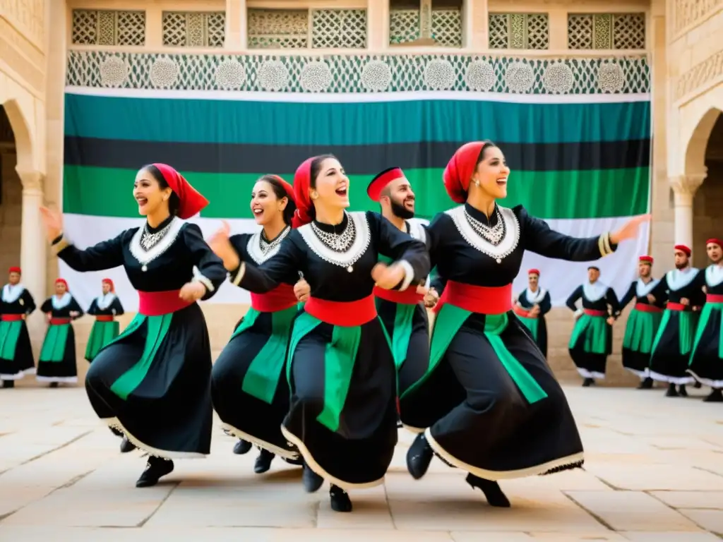 Grupo de bailarines palestinos en trajes tradicionales realizando la Dabke, transmitiendo significado cultural en su danza diaspórica