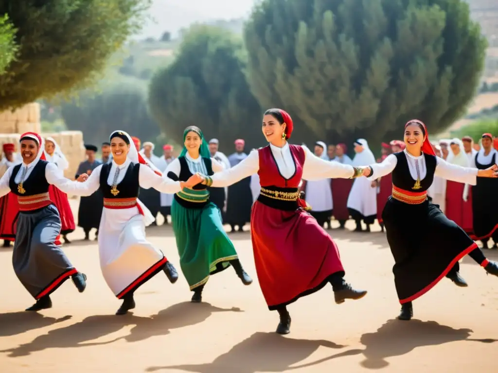 Grupo de bailarines palestinos en trajes tradicionales, realizando la danza Dabke