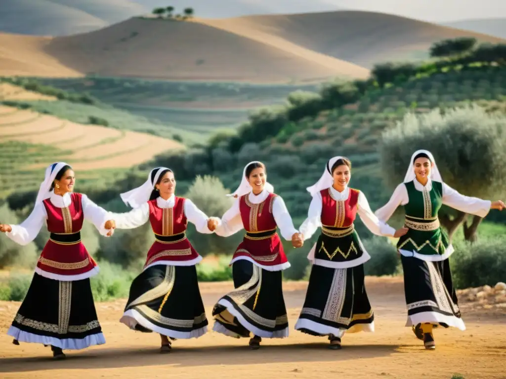 Un grupo de bailarines palestinos vistiendo trajes tradicionales bordados, realizando la danza Dabke bajo el sol, transmitiendo unidad y resistencia