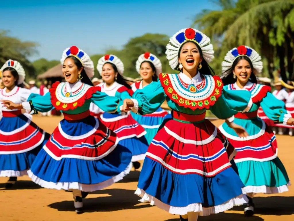 Grupo de bailarines paraguayos ejecutando la animada polca con gracia y pasión, destacando la técnica de la danza paraguaya