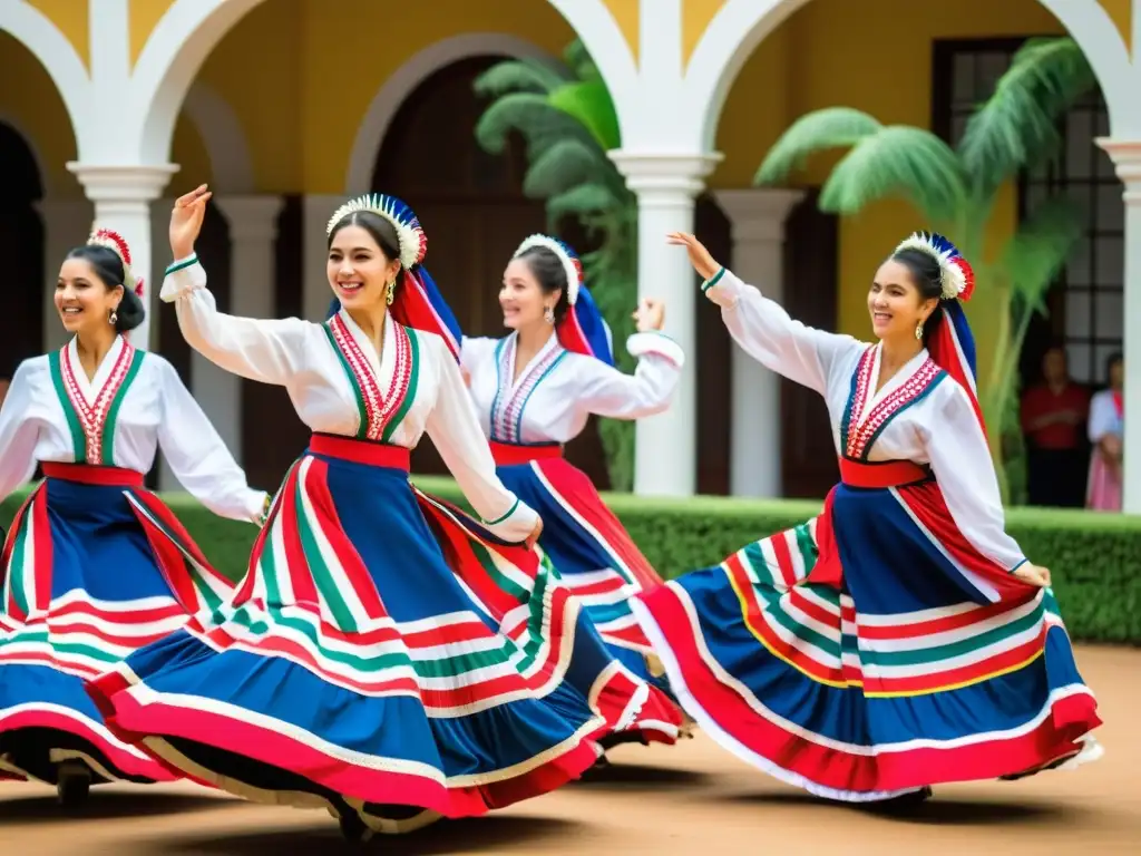 Grupo de bailarines paraguayos en atuendos tradicionales realizando la vibrante Polca, mostrando la técnica de la danza paraguaya con pasión y alegría