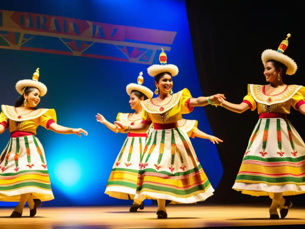 Grupo de bailarines paraguayos ejecutando la elegante Danza de la Botella en un escenario vibrante, resaltando la rica tradición cultural guaraní