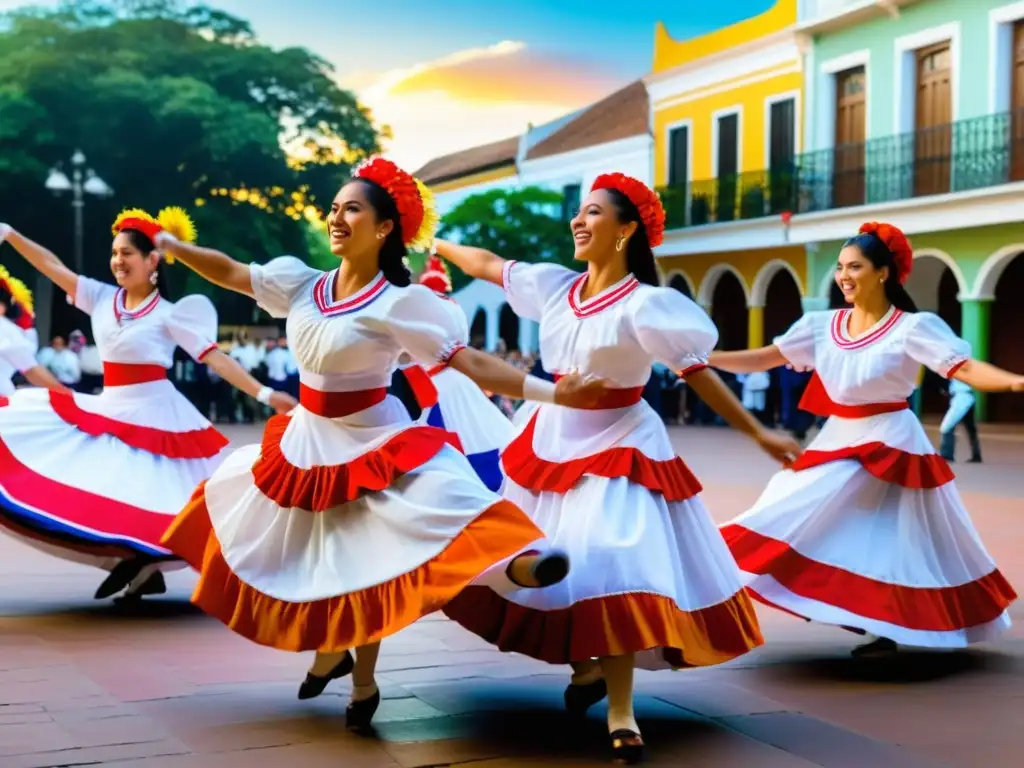 Grupo de bailarines paraguayos en la plaza, realizando la polca y guarania con una técnica de la danza paraguaya llena de energía y pasión