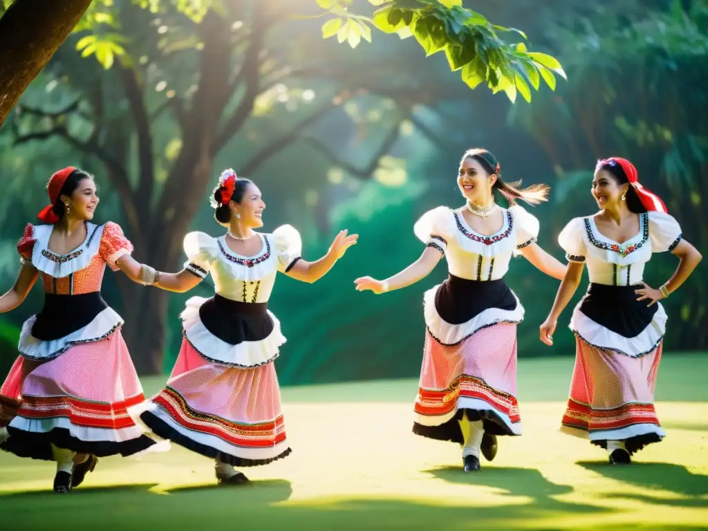 Polka Paraguaya: Danza Tradicional en Vestimenta Vibrante Grupo de bailarines paraguayos ejecutando la Polka Paraguaya en trajes vibrantes, destacando el origen y significado cultural de la danza tradicional