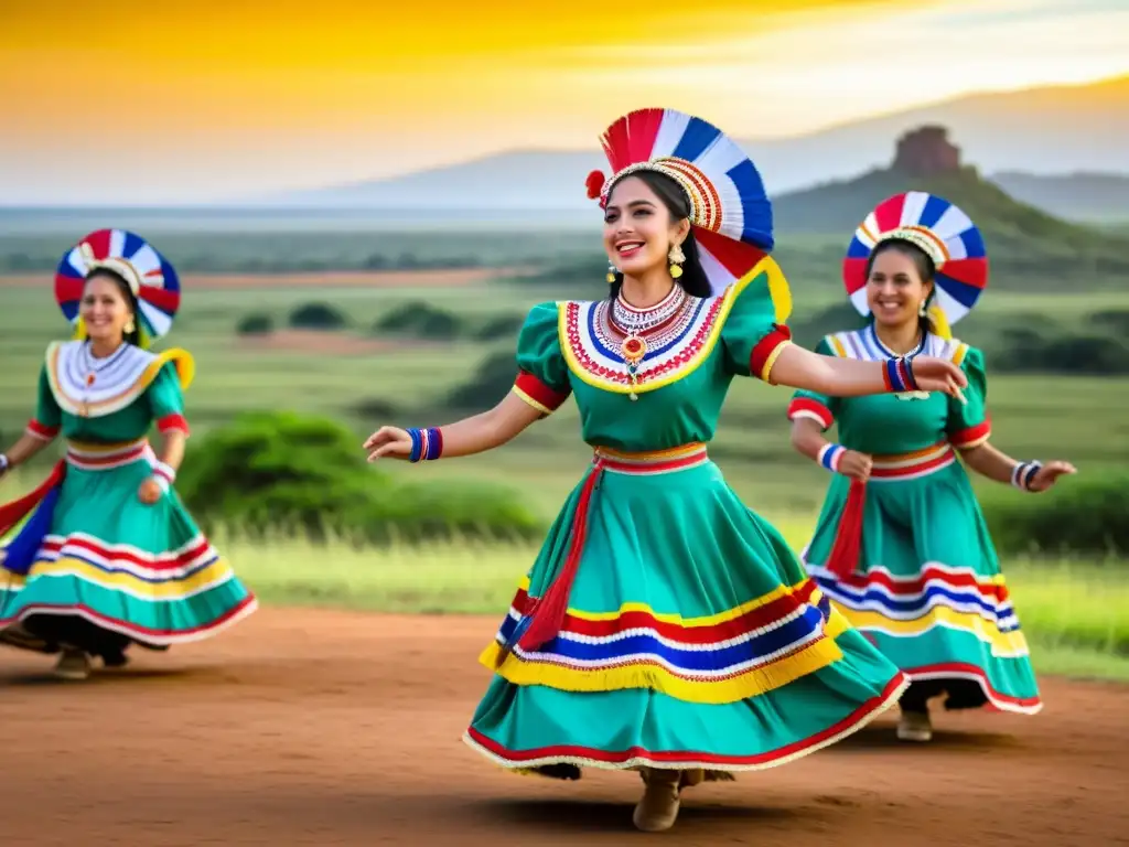 Grupo de bailarines paraguayos ejecutando la tradicional Danza de la Botella con movimientos elegantes y expresiones llenas de gracia y tradición guaraní