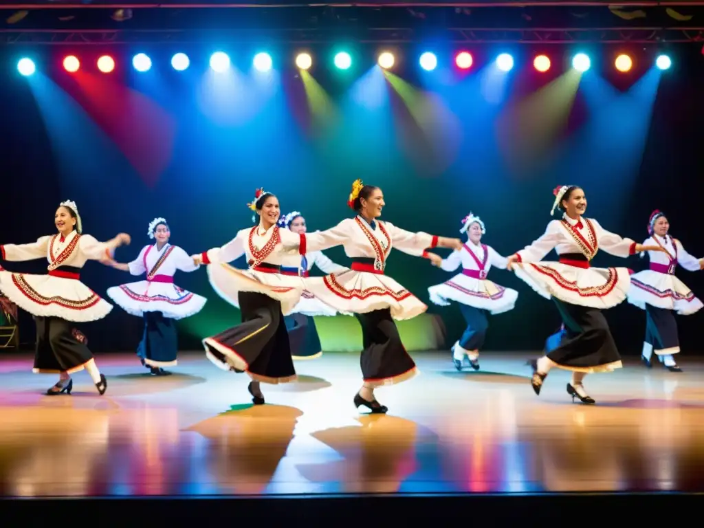 Grupo de bailarines paraguayos ejecutando la tradicional danza de la polka con pasión y precisión, destacando la técnica de la danza paraguaya