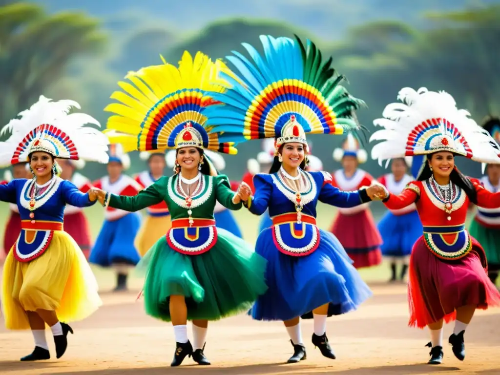 Grupo de bailarines paraguayos realizando la tradicional Danza de la Botella Paraguay, con trajes vibrantes y música guaraní