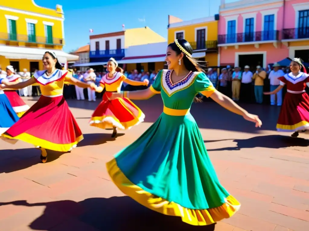 Grupo de bailarines Paraguayos en trajes tradicionales, bailando en la plaza del pueblo