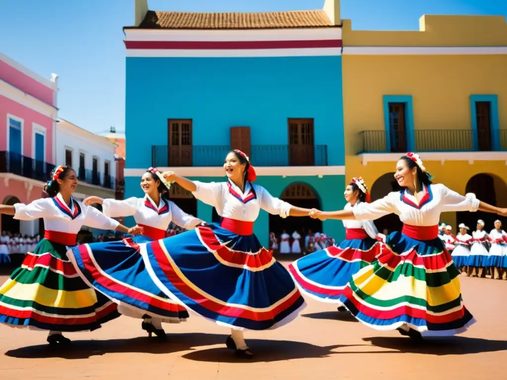 Grupo de bailarines paraguayos en trajes tradicionales, realizando una danza sincronizada en una plaza comunitaria