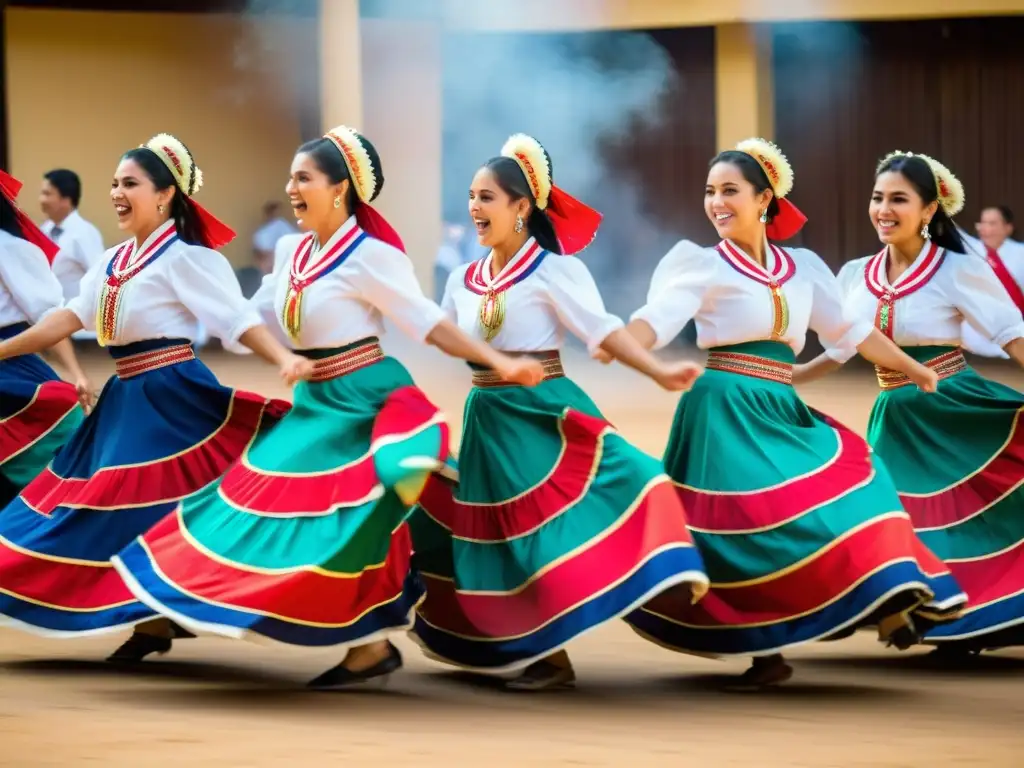 Grupo de bailarines paraguayos en trajes tradicionales, moviéndose en armonía, expresando el significado comunitario de la danza Paraguaya