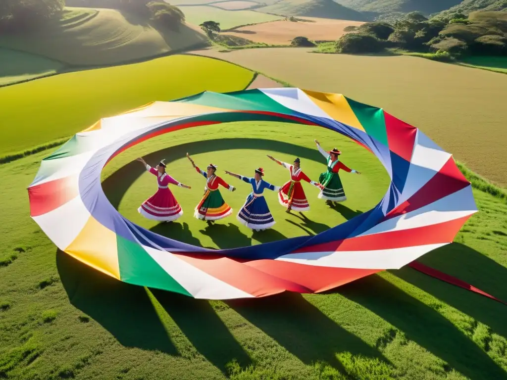 Grupo de bailarines paraguayos en trajes tradicionales, danza al aire libre, capturando la técnica de la danza paraguaya