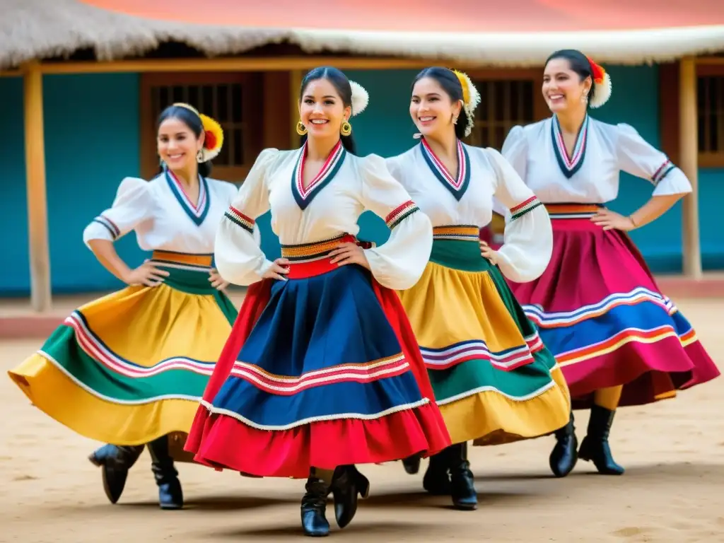 Un grupo de bailarines paraguayos con trajes tradicionales coloridos realizando la elegante y enérgica danza tradicional paraguaya