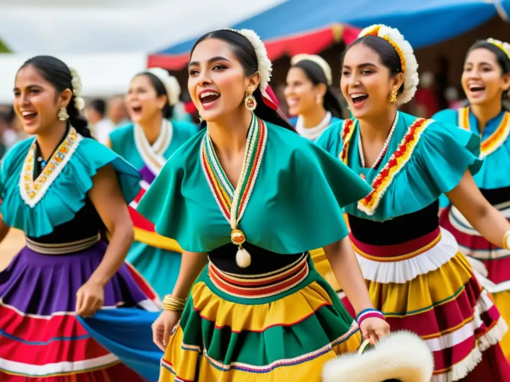 Grupo de bailarines paraguayos con vestimenta tradicional folklore Paraguay, danzando con energía y gracia en escenario folclórico vibrante