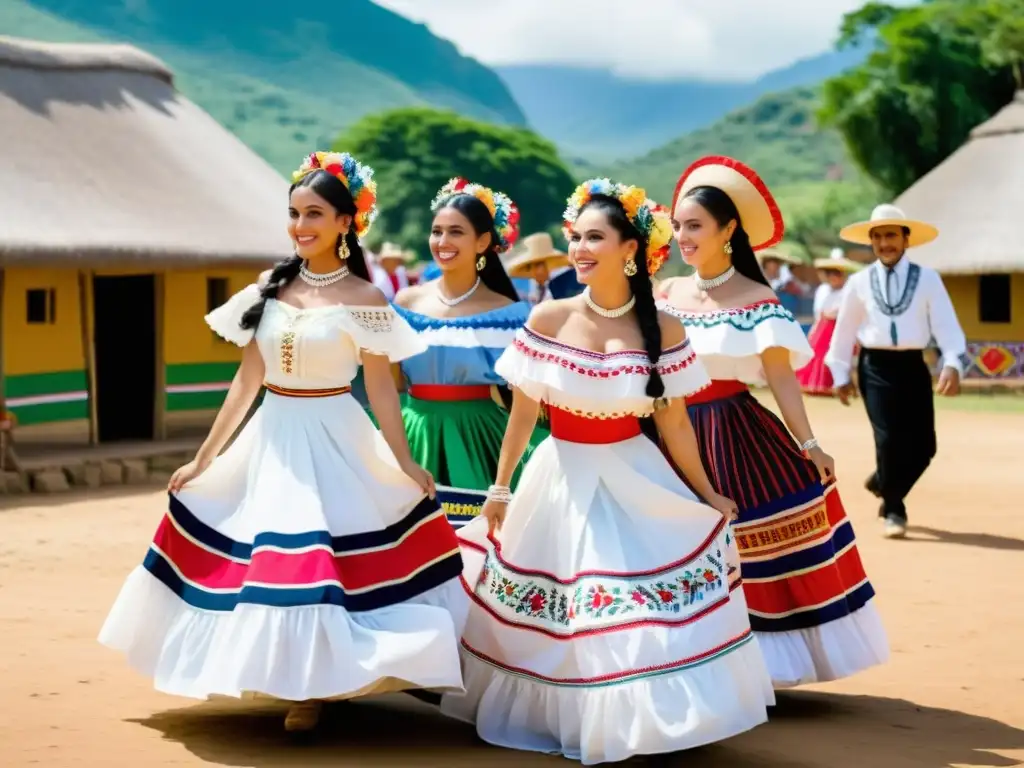 Grupo de bailarines paraguayos con vestimenta tradicional folklore Paraguay, danzando con pasión en una aldea paraguaya