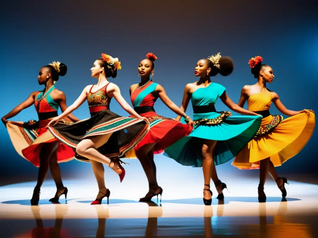 Grupo de bailarines en una pasarela con trajes tradicionales y diseño contemporáneo, evocando energía y creatividad