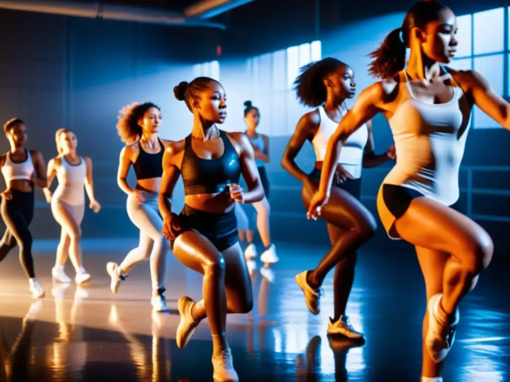 Un grupo de bailarines diversos muestra su pasión y concentración en un estudio tenue, resaltando la importancia de la hidratación