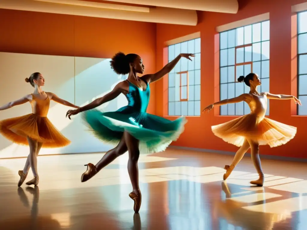 Un grupo de bailarines practicando con pasión en un estudio soleado y espacioso, reflejando su arte en los espejos