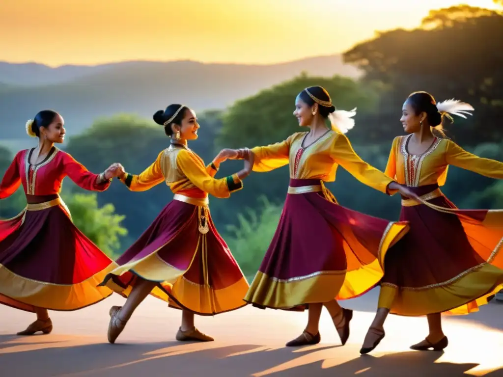 Grupo de bailarines ejecutando pasos básicos de danzas étnicas en un atuendo vibrante al atardecer