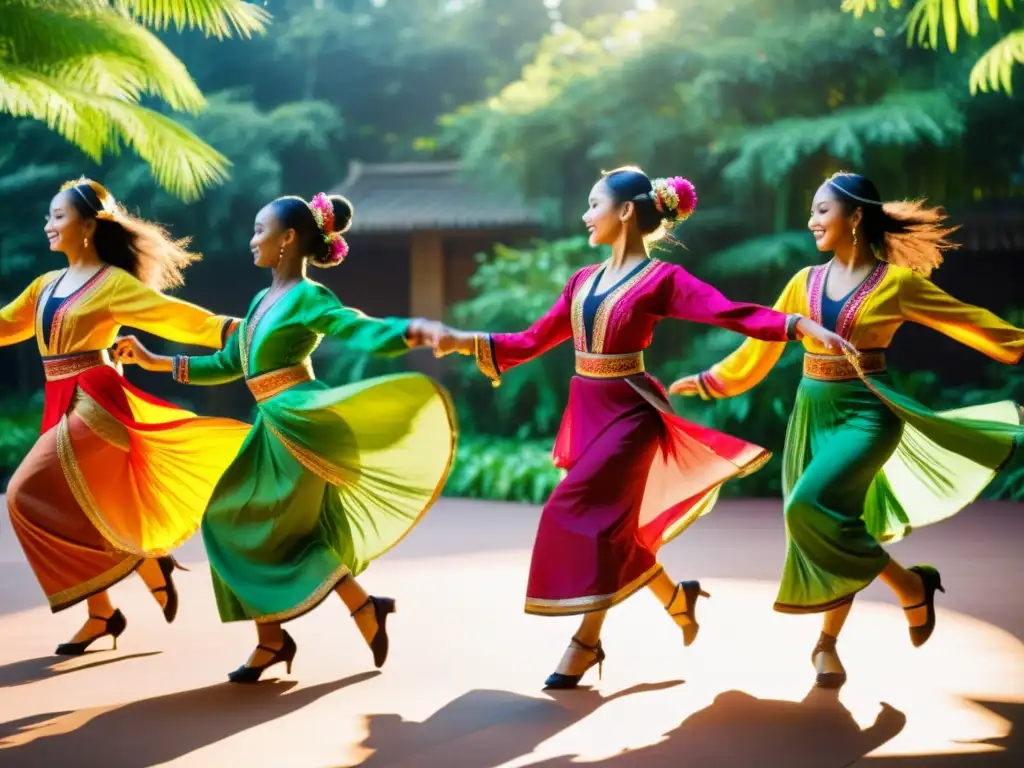 Un grupo de bailarines ejecuta pasos básicos de danzas étnicas con gracia y coloridos trajes en un escenario al aire libre, bajo la cálida luz del sol