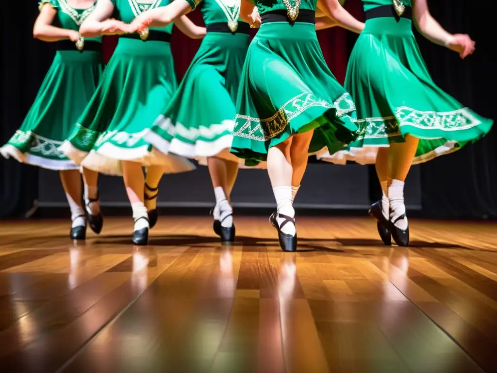 Grupo de bailarines ejecutando pasos de danza gaélica con trajes tradicionales coloridos