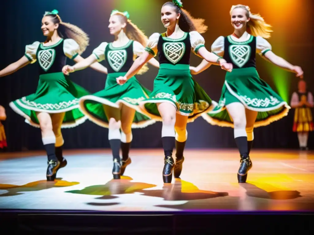 Grupo de bailarines ejecutando pasos de danza irlandesa en un escenario decorado con símbolos celtas y vegetación