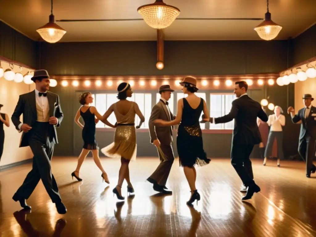 Un grupo de bailarines practicando pasos de swing y jazz en un estudio vintage, con una atmósfera nostálgica y llena de energía