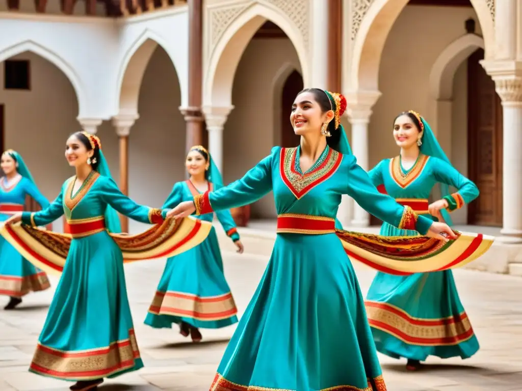 Grupo de bailarines azeríes en un patio histórico, ejecutando una danza tradicional