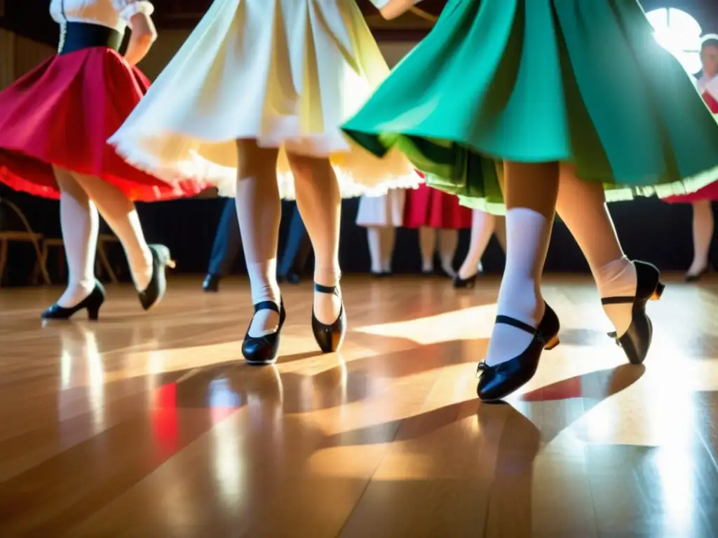 Grupo de bailarines ejecutando patrones de coordinación en Quadrille Francesa, con trajes tradicionales y elegante atmósfera de baile