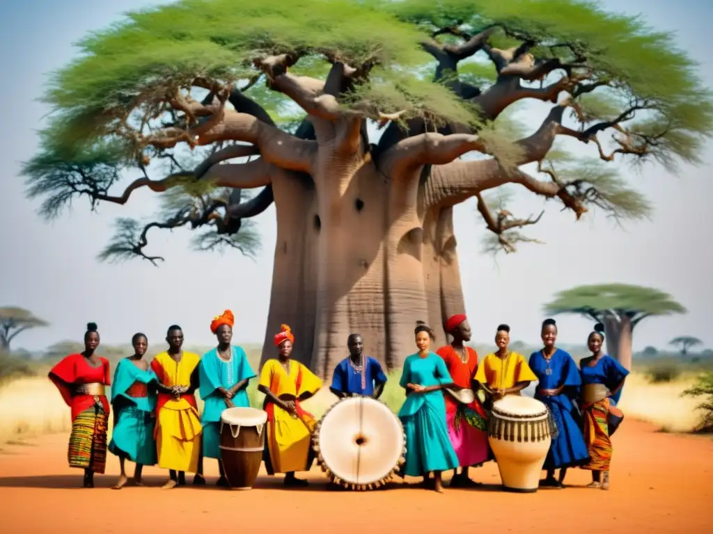 Un grupo de bailarines y percusionistas se reúnen bajo un baobab en Senegal, vistiendo trajes tradicionales