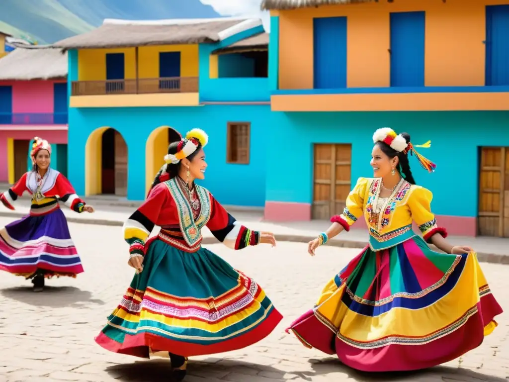 Un grupo de bailarines peruanos realiza una danza tradicional en una plaza colorida, con trajes elaborados y vibrante música