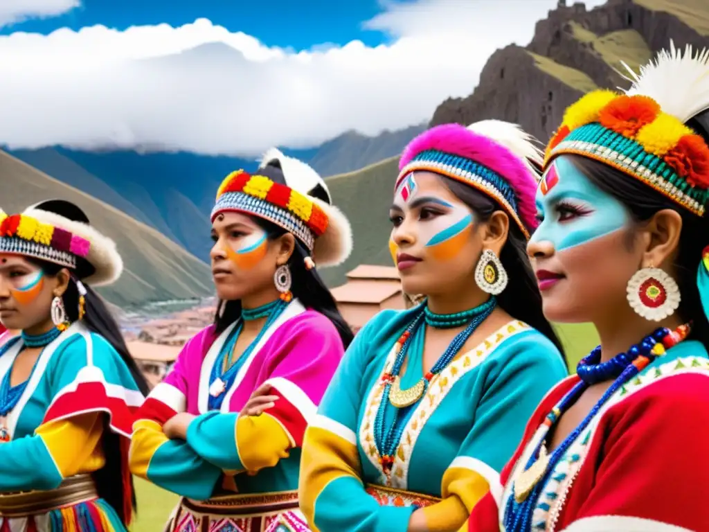 Grupo de bailarines peruanos en Festival de Danza de Cusco, vistiendo trajes coloridos y preparándose para actuar frente a ruinas incas