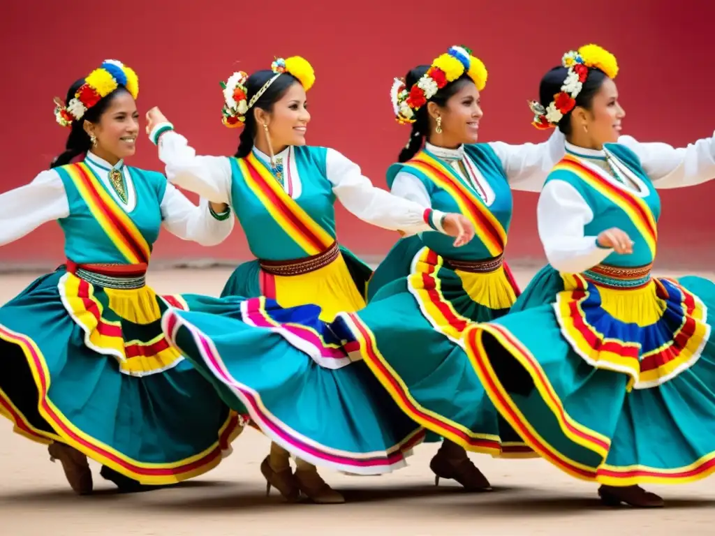 Grupo de bailarines peruanos ejecutando con gracia el Vals Criollo, desplegando técnica y elegancia en su colorido atuendo tradicional