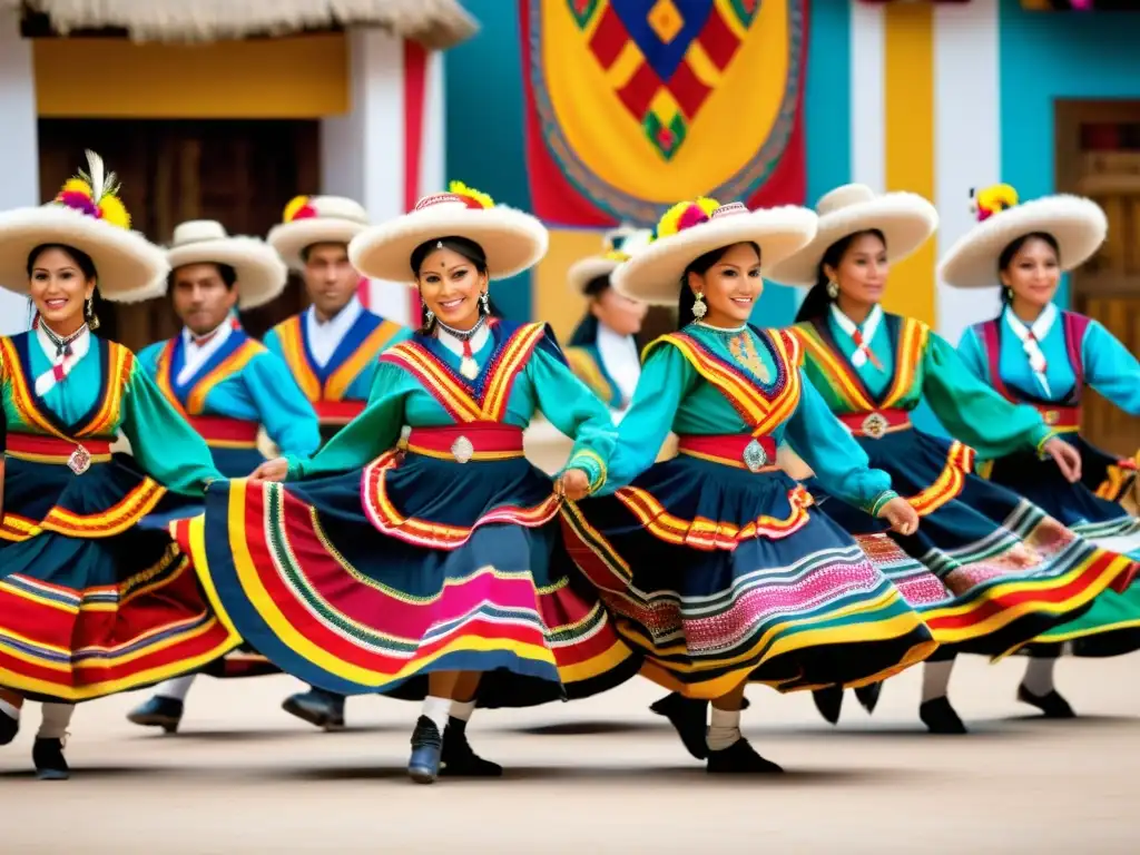 Grupo de bailarines peruanos ejecutando con gracia el Vals Criollo Peruano, mostrando técnica y elegancia en sus coloridos trajes tradicionales