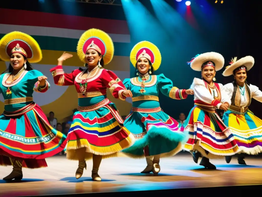 Grupo de bailarines peruanos enérgicos en trajes coloridos, presentando danzas folclóricas