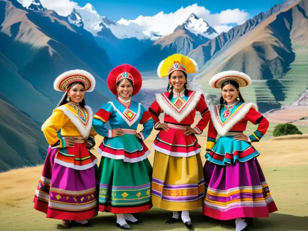 Grupo de bailarines peruanos con trajes tradicionales vibrantes, bailando la Danza de las Tijeras en los majestuosos Andes