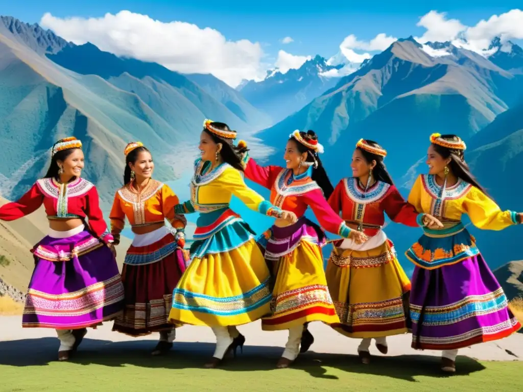 Grupo de bailarines peruanos en trajes coloridos ejecutando la Danza de las Tijeras frente a los imponentes Andes