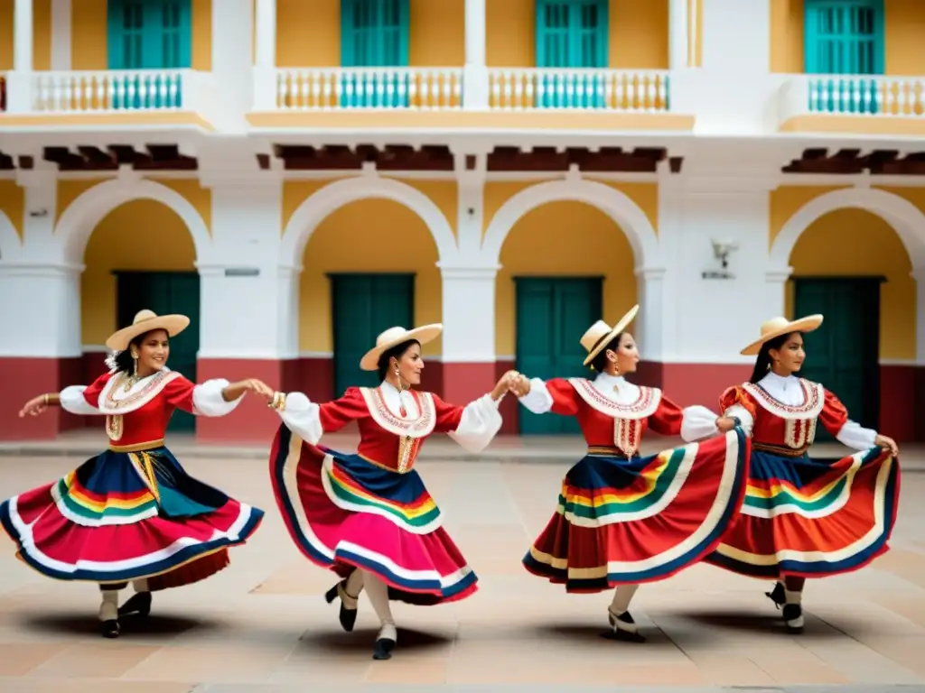 Un grupo de bailarines peruanos en trajes tradicionales de Marinera realizando una danza elegante y enérgica en una plaza histórica