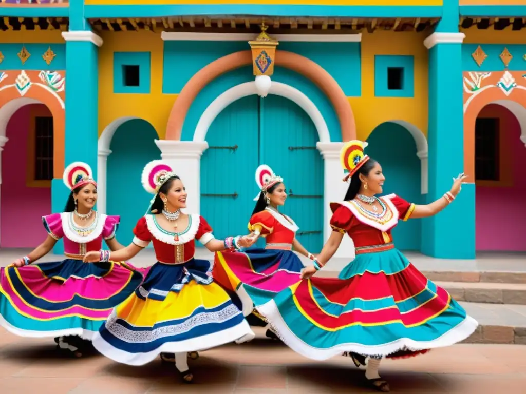 Un grupo de bailarines peruanos en trajes tradicionales Marinera danzan con gracia, celebrando el significado ancestral Marinera peruana