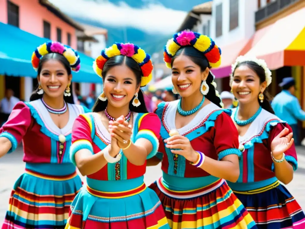 Grupo de bailarines peruanos con trajes tradicionales, bailando Vals Criollo con gracia y técnica en una animada plaza peruana